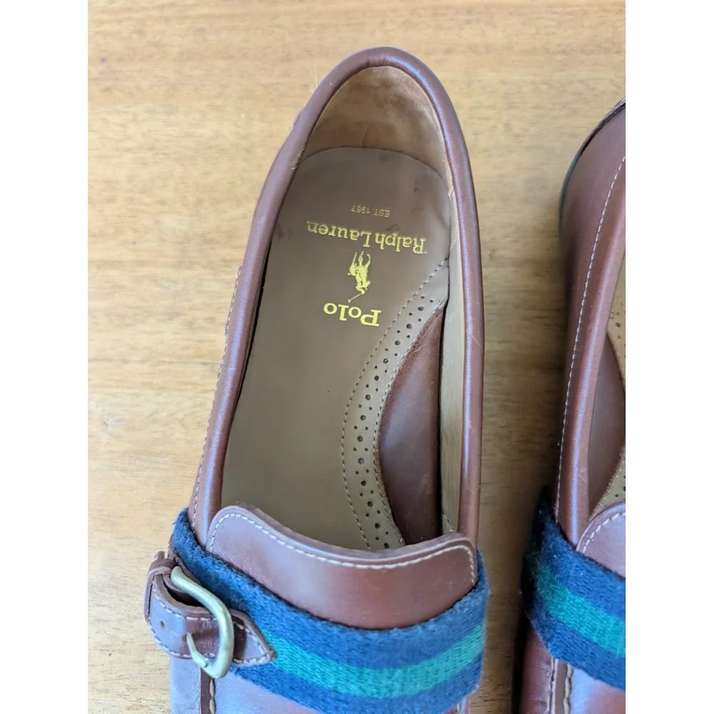Polo Ralph Lauren Riali Leather Driving Loafers Men's 8D Brown Striped Buckle